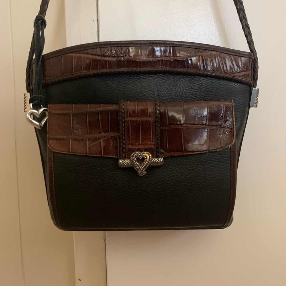 Brighton Black and Brown Croc-Trim Heart Lock Shoulder Bag